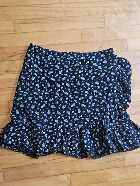 Madewell Black Mini Skirt with Blue Floral Ruffle Hem